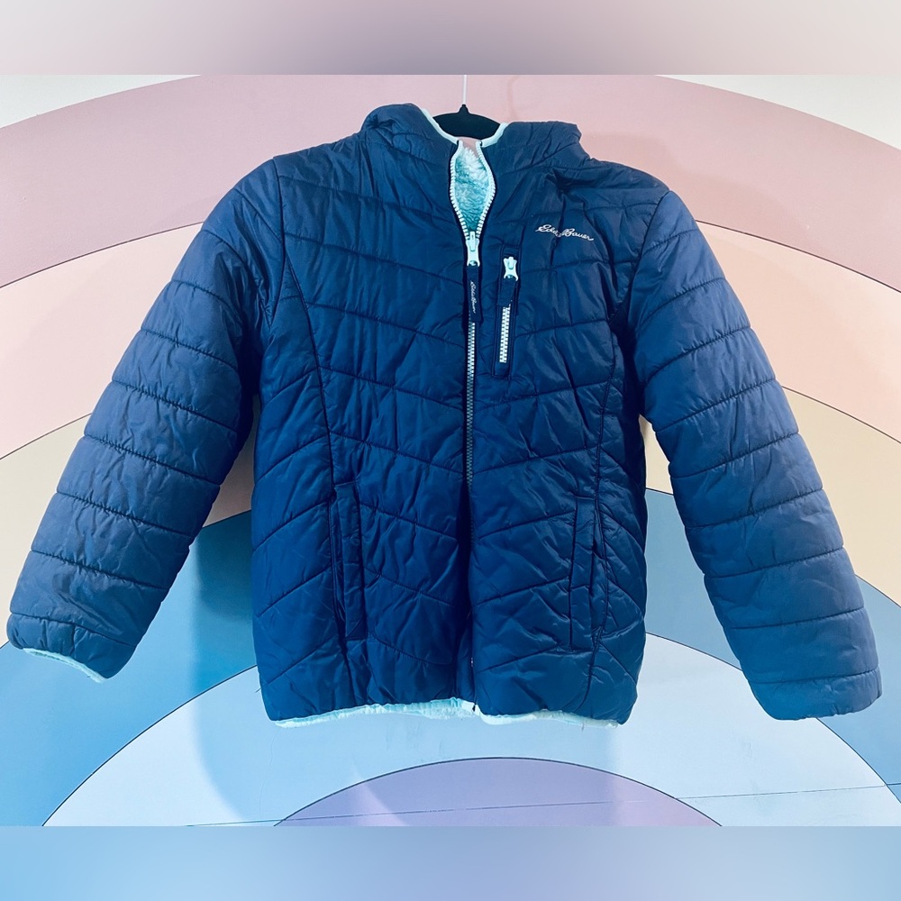 Eddie Bauer insulated reversible linen kids jacket. Reversible hooded jacket.